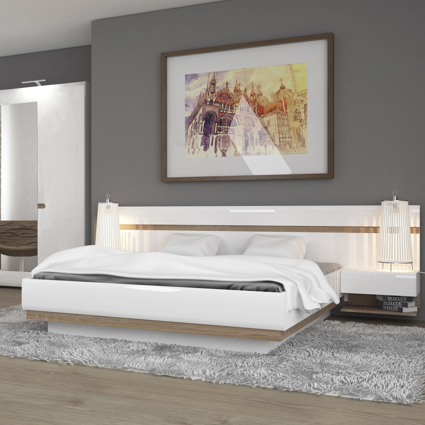 Liberty Luxury White Gloss & Oak Trim King Size Bed Ottoman Lift Up