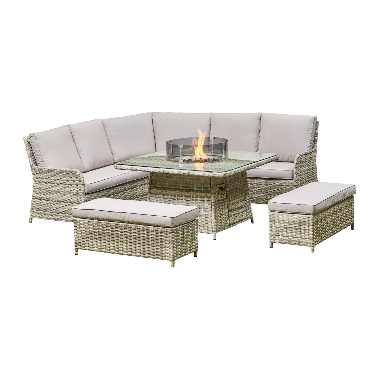 Liberty Luxury Grey Rattan Corner Garden Sofa Set With Square Firepit Table
