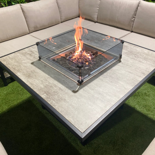 Liberty Ivy Luxury Rattan & Aluminium Outdoor Garden Corner Sofa Fire Pit Dining Set In Beige