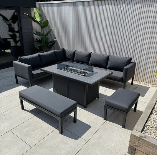 Liberty Luxury Ava Aluminium & Grey Fabric Corner Garden Sofa Set With Fire Pit
