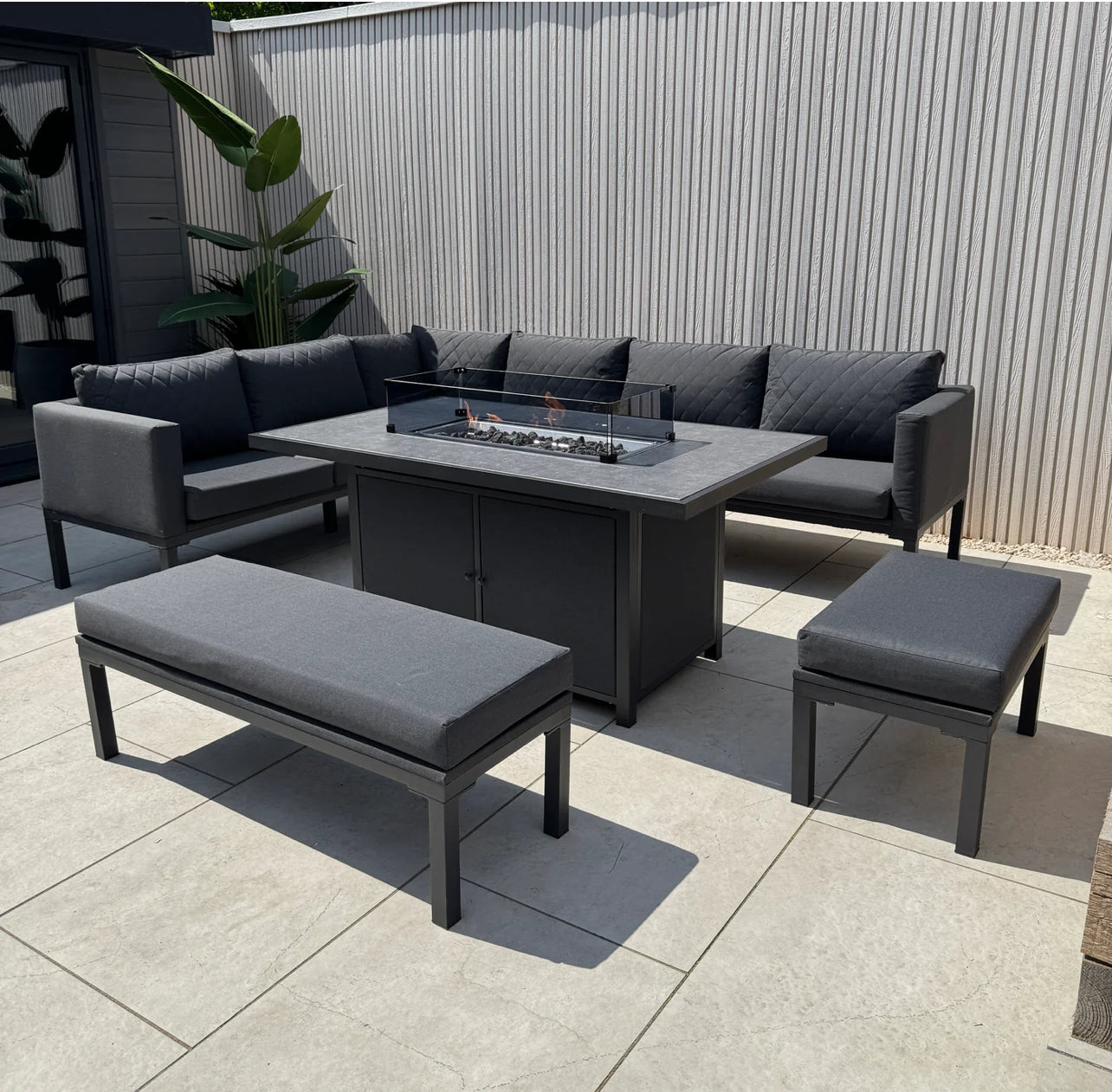 Liberty Luxury Ava Aluminium & Grey Fabric Corner Garden Sofa Set With Fire Pit