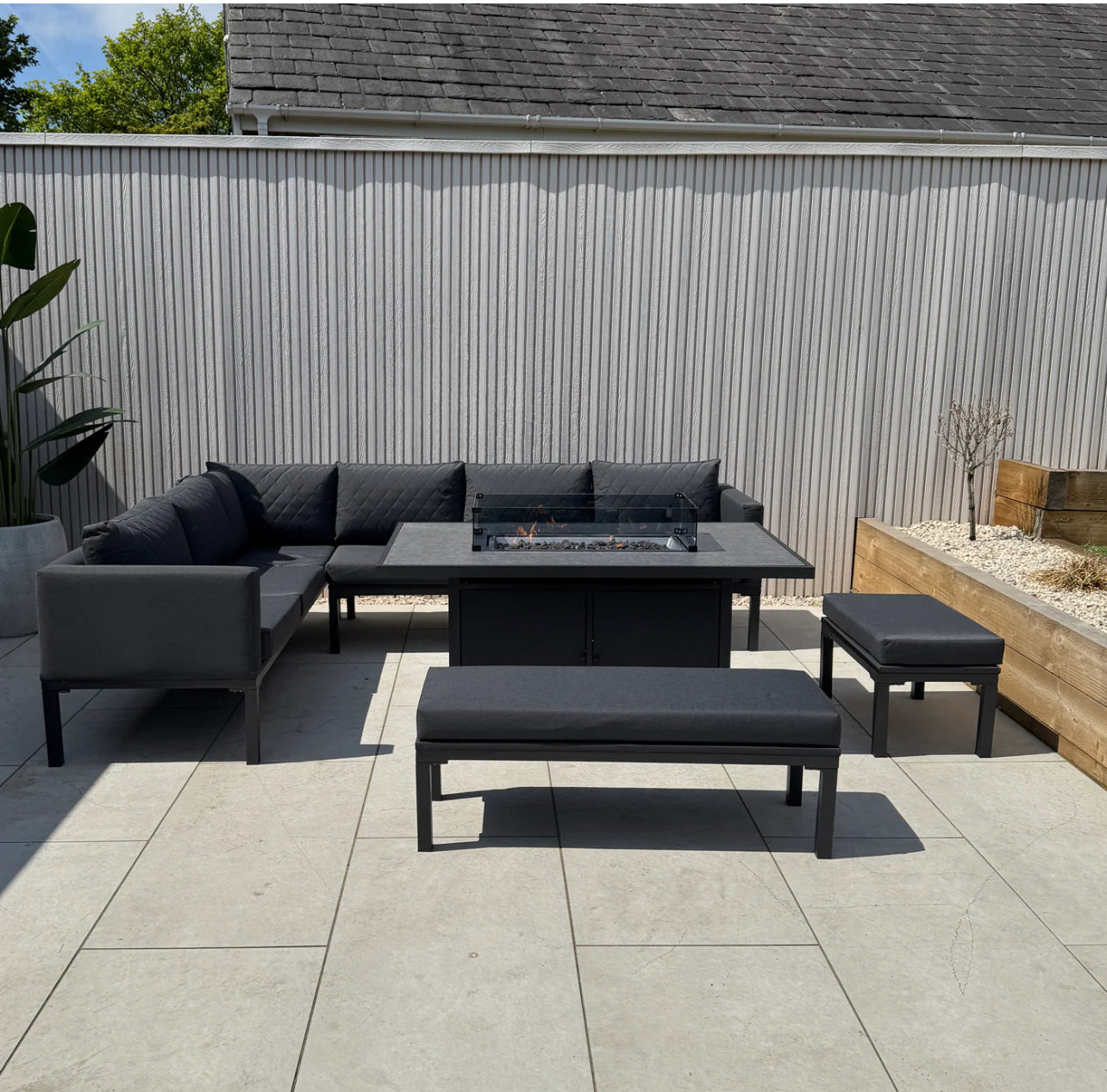 Liberty Luxury Ava Aluminium & Grey Fabric Corner Garden Sofa Set With Fire Pit