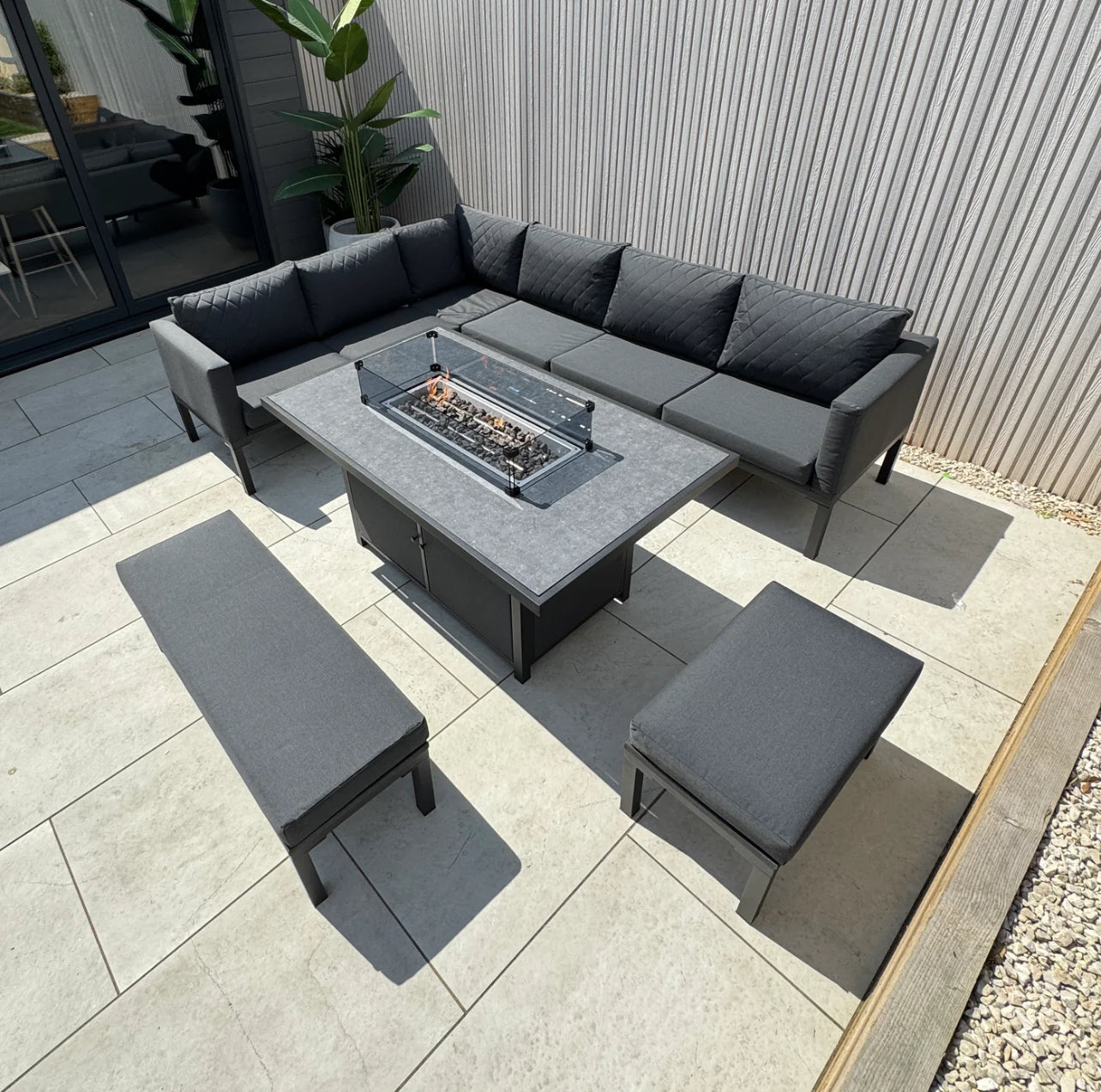 Liberty Luxury Ava Aluminium & Grey Fabric Corner Garden Sofa Set With Fire Pit