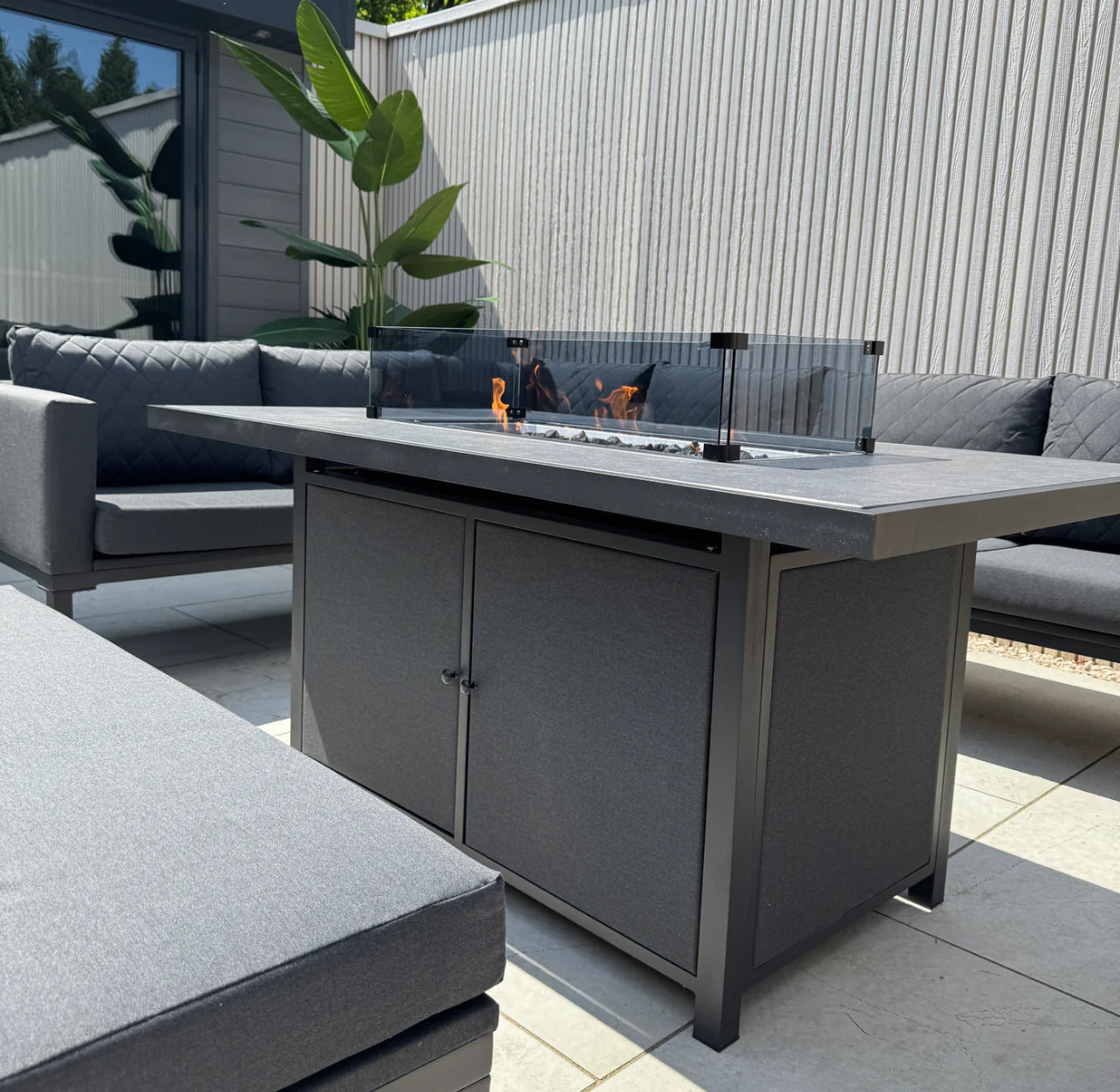 Liberty Luxury Ava Aluminium & Grey Fabric Corner Garden Sofa Set With Fire Pit