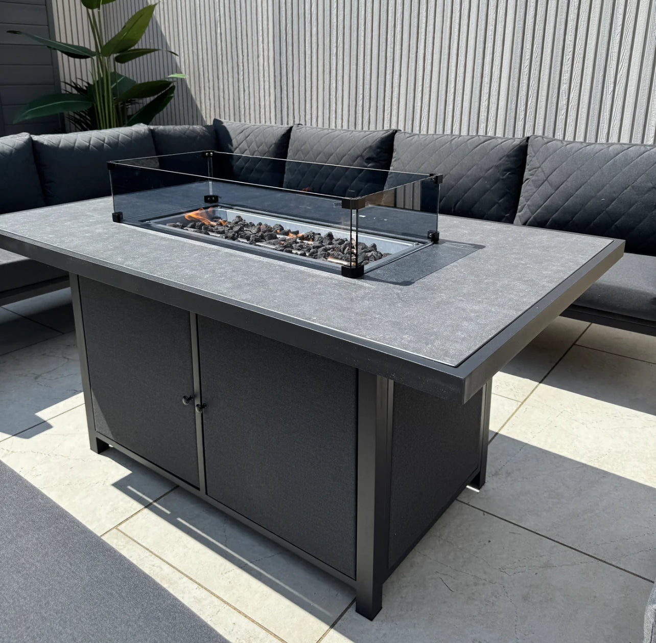 Liberty Luxury Ava Aluminium & Grey Fabric Corner Garden Sofa Set With Fire Pit