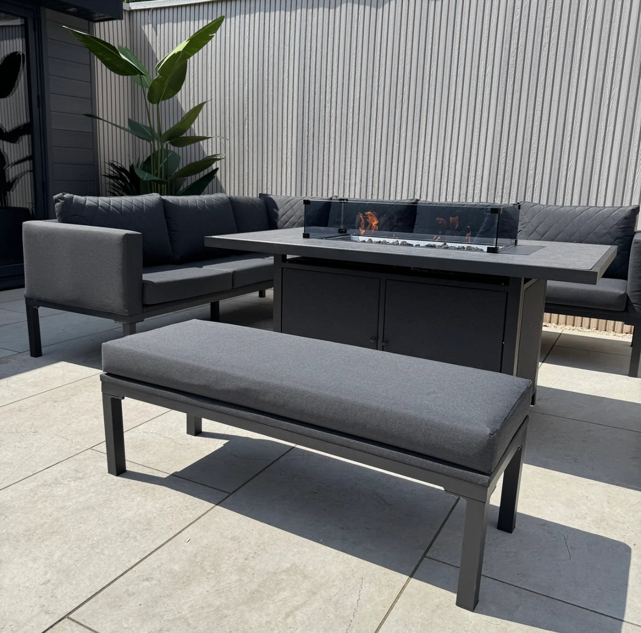 Liberty Luxury Ava Aluminium & Grey Fabric Corner Garden Sofa Set With Fire Pit