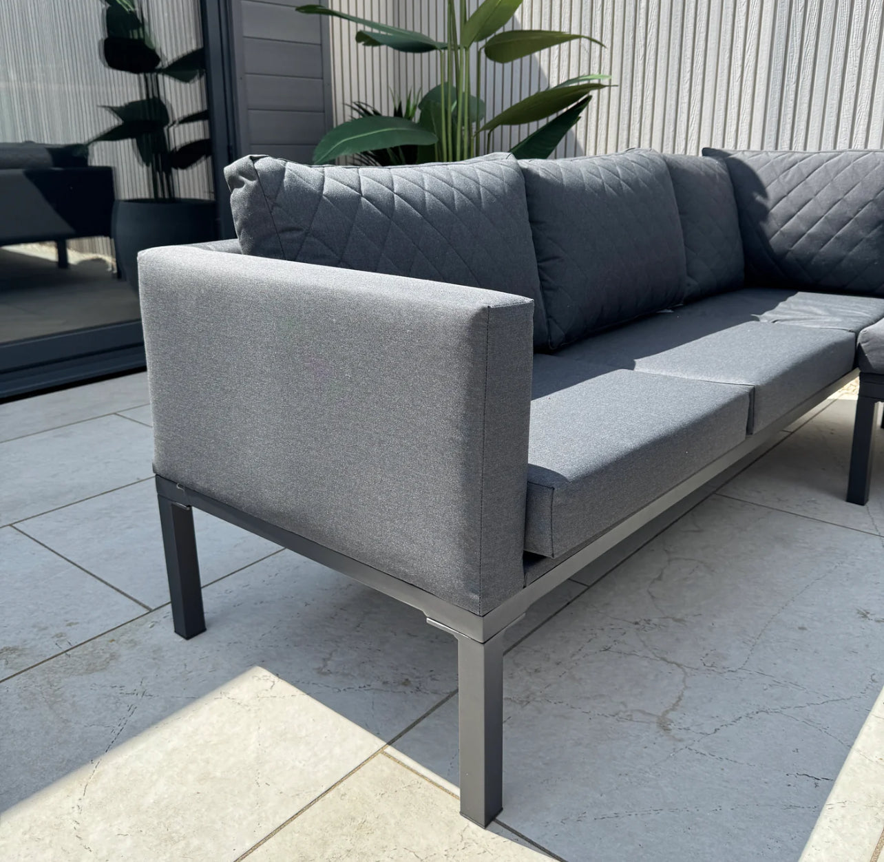 Liberty Luxury Ava Aluminium & Grey Fabric Corner Garden Sofa Set With Fire Pit