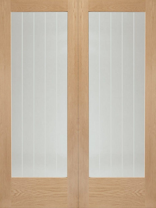Internal Oak Suffolk Rebated Pair Of Doors With Clear Etched Glass