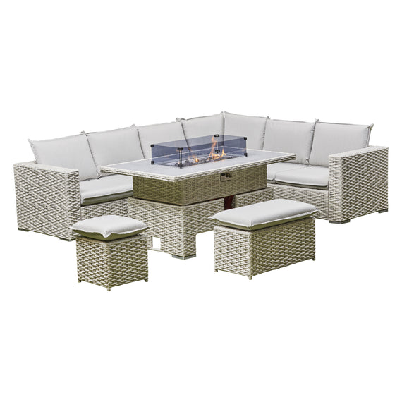 Liberty Luxury Beige Rattan Garden Corner Rising Sofa Set With Fire Pit
