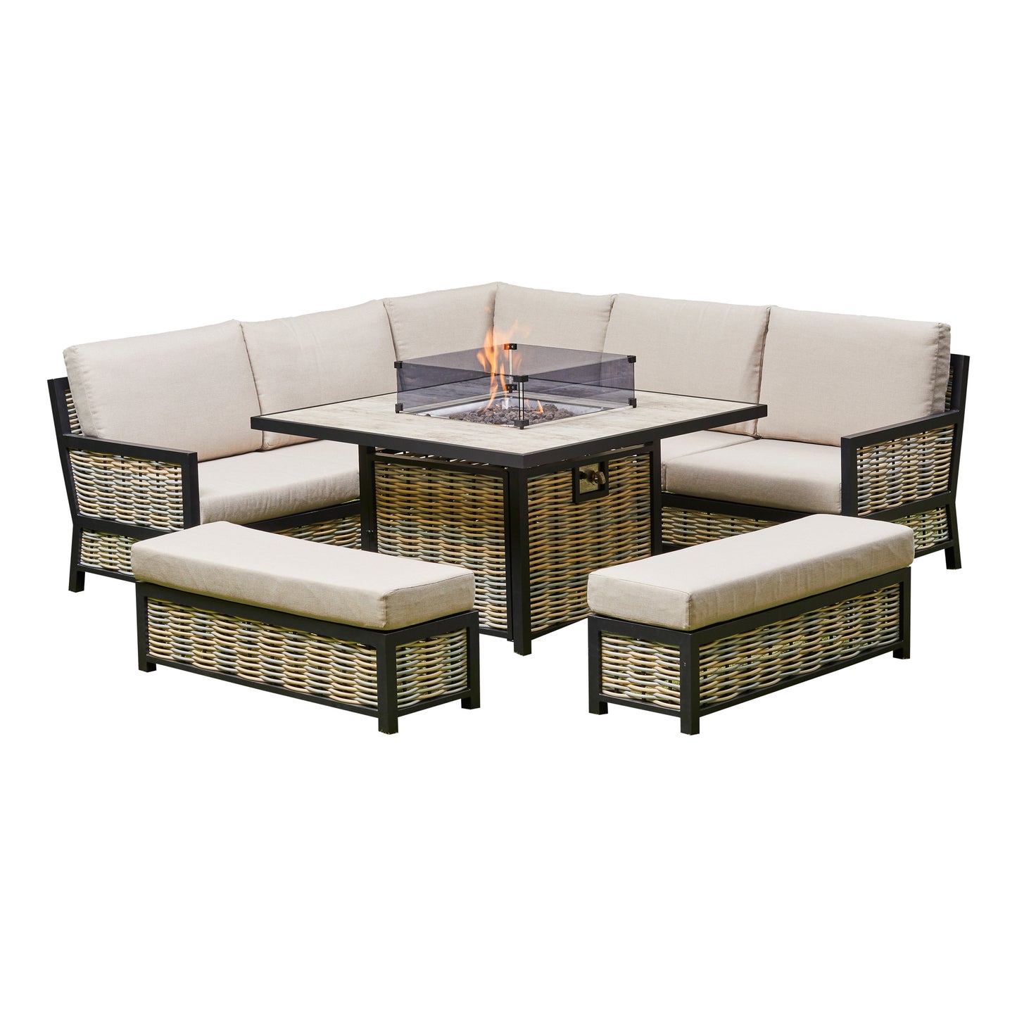 Liberty Ivy Luxury Rattan  & Aluminium Outdoor Garden Corner Sofa Fire Pit Dining Set In Beige
