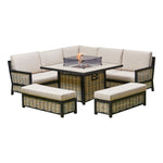 Liberty Luxury Rattan  & Aluminium Outdoor Garden Corner Sofa Fire Pit Dining Set In Beige