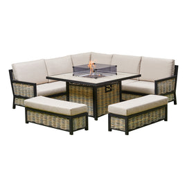 Liberty Luxury Rattan Beige Aluminium Outdoor Garden Corner Sofa Firepit Dining Set
