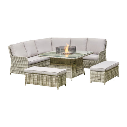 Liberty Luxury Grey Rattan Corner Garden Sofa Set With Square Firepit Table