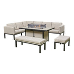 Liberty Luxury Aluminium Beige Rectangular Garden Corner Firepit Sofa Dining Set