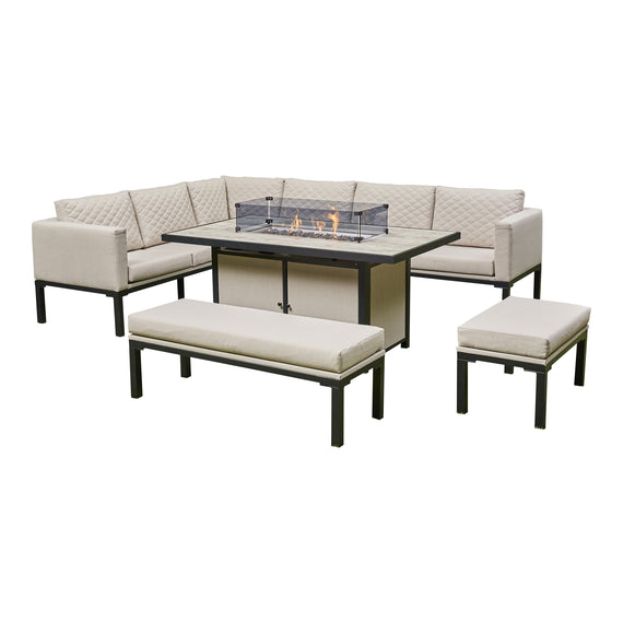 Liberty Luxury Aluminium Beige Rectangular Garden Corner Firepit Sofa Dining Set
