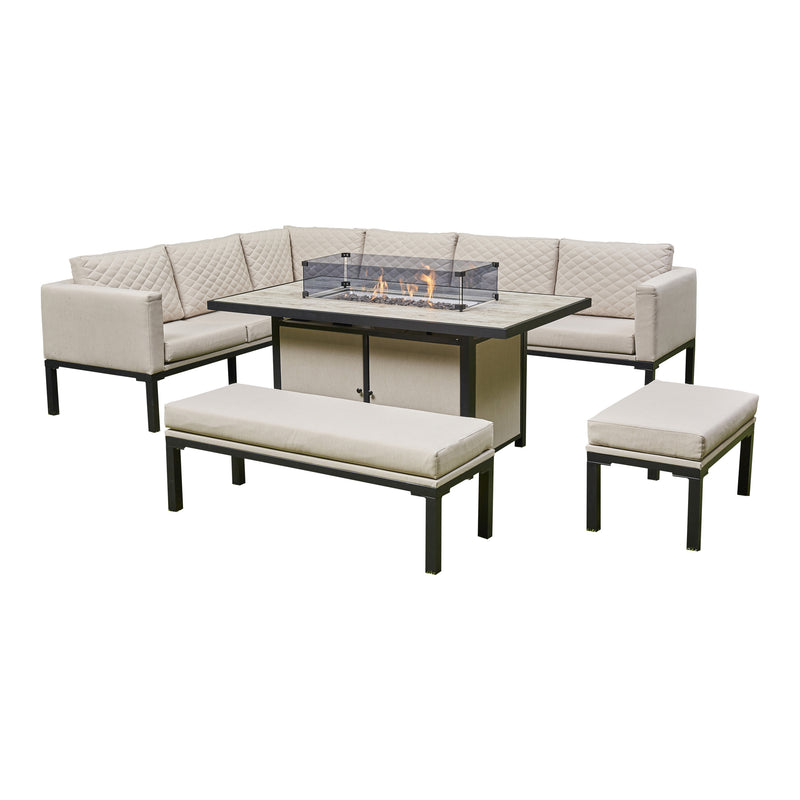 Liberty Luxury Aluminium Beige Rectangular Garden Corner Firepit Sofa Dining Set