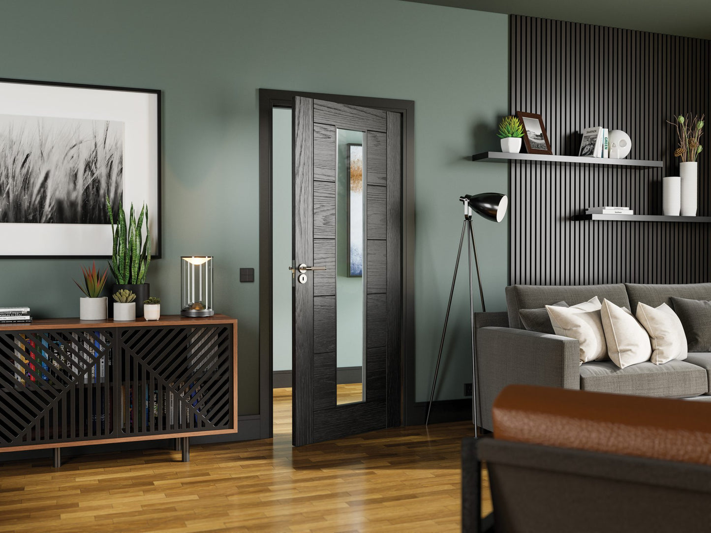 Deanta Seville 1L Brushed Black Oak Internal Door with Glass
