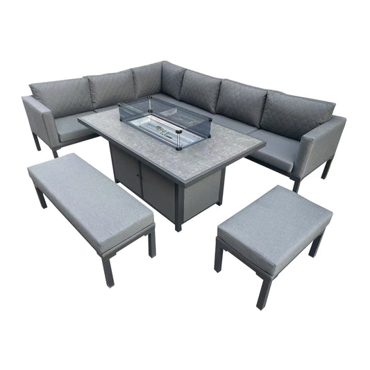 Liberty Luxury Ava Aluminium & Grey Fabric Corner Garden Sofa Set With Fire Pit