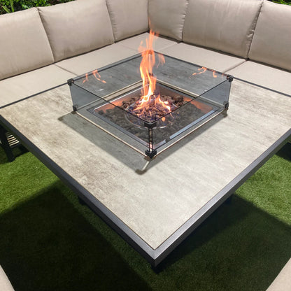 Liberty Ivy Luxury Rattan  & Aluminium Outdoor Garden Corner Sofa Fire Pit Dining Set In Beige