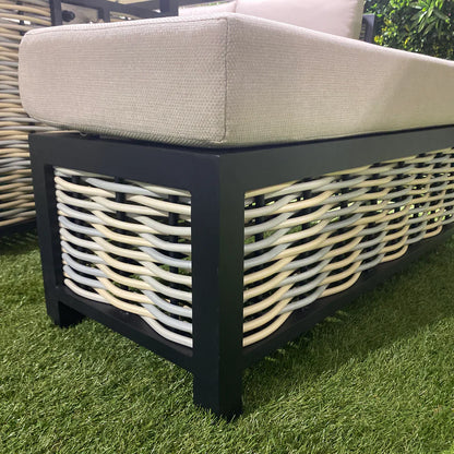 Liberty Ivy Luxury Rattan  & Aluminium Outdoor Garden Corner Sofa Fire Pit Dining Set In Beige