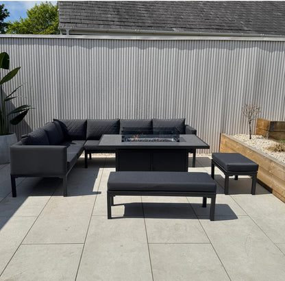 Liberty Luxury Ava Aluminium & Grey Fabric Corner Garden Sofa Set With Fire Pit