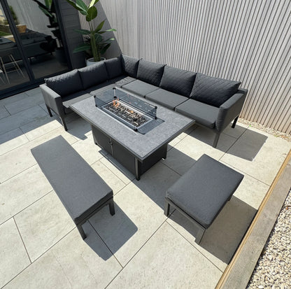 Liberty Luxury Ava Aluminium & Grey Fabric Corner Garden Sofa Set With Fire Pit
