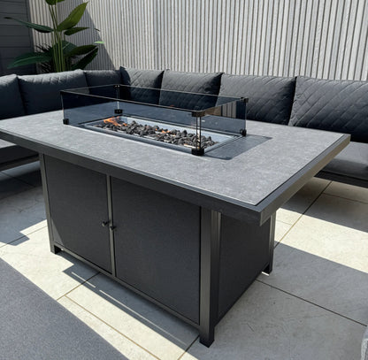 Liberty Luxury Ava Aluminium & Grey Fabric Corner Garden Sofa Set With Fire Pit