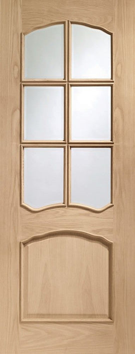 Riviera Pre-Finished Internal Oak Door With Raised Mouldings and Clear Bevelled Glass
